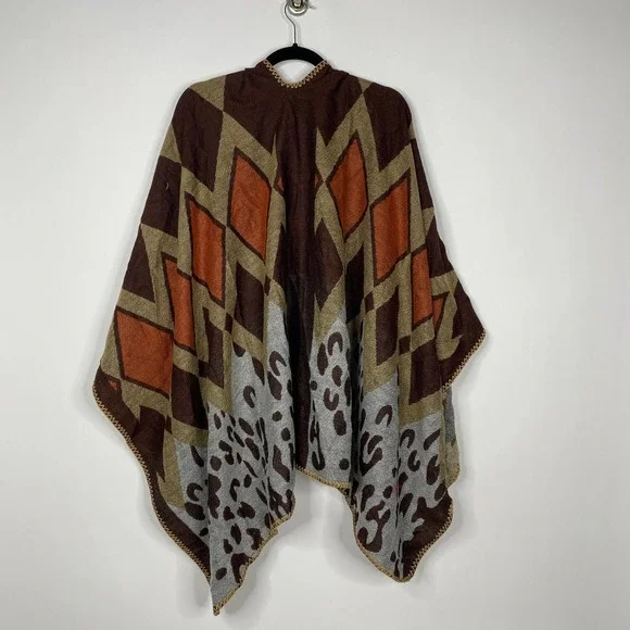 NEW Boho Diamond Cheetah Ruana Oversized Open Wrap Poncho Blanket Scarf - Picture 7 of 8